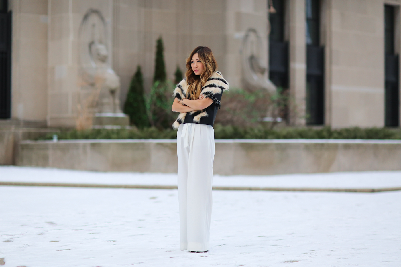 theoutnet beaded top and wide leg pants with faux fur shawl