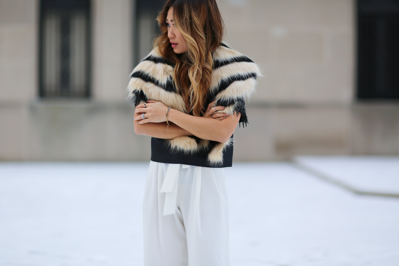 theoutnet beaded top and wide leg pants with faux fur shawl