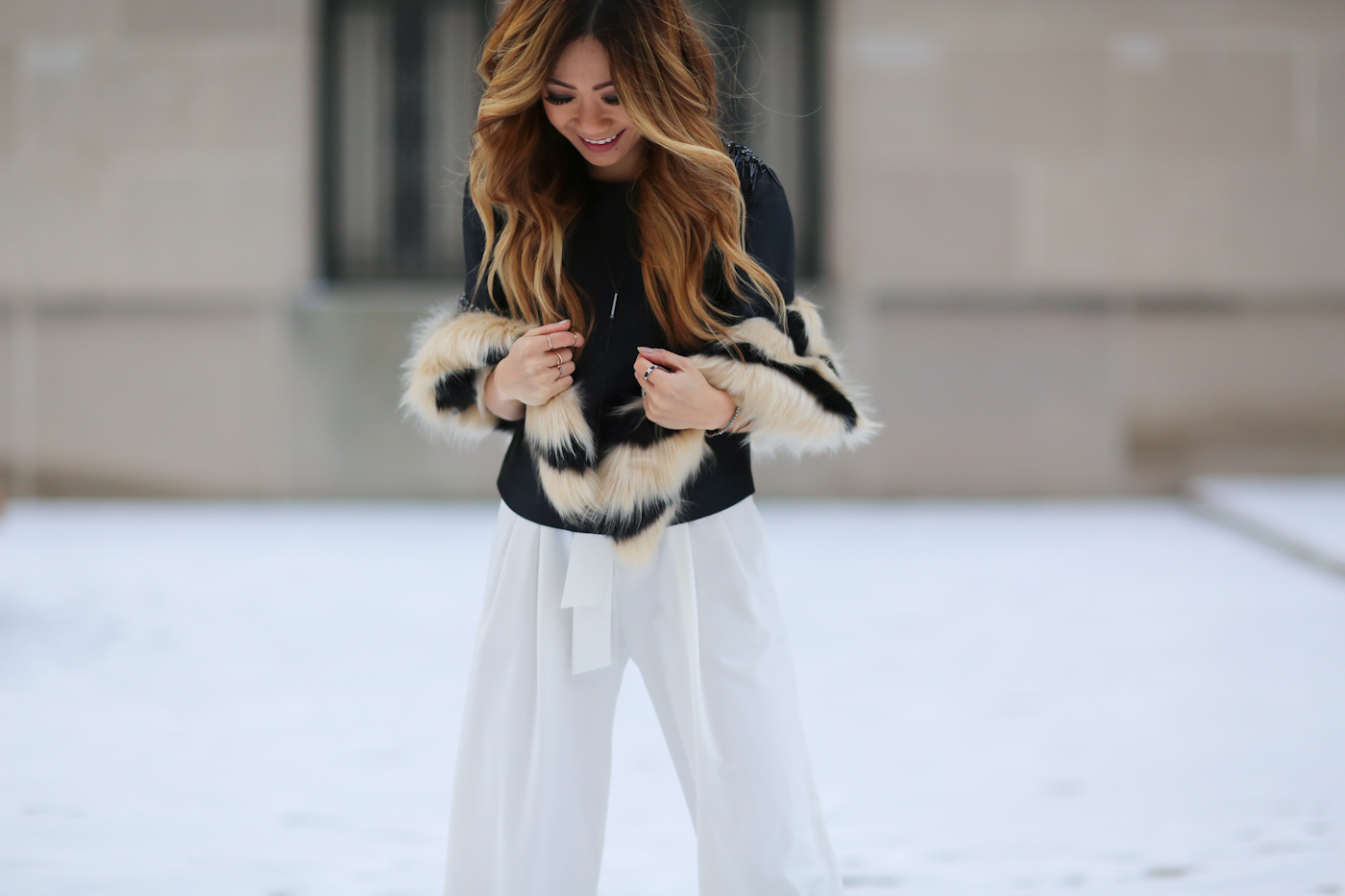 theoutnet beaded top and wide leg pants with faux fur shawl