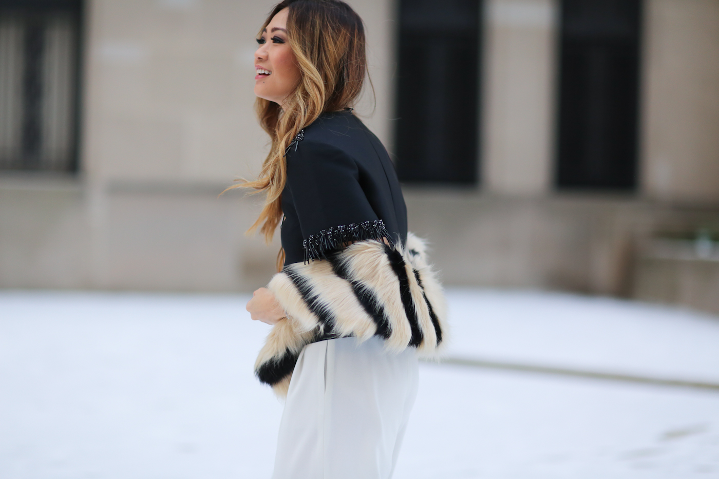 theoutnet beaded top and wide leg pants with faux fur shawl