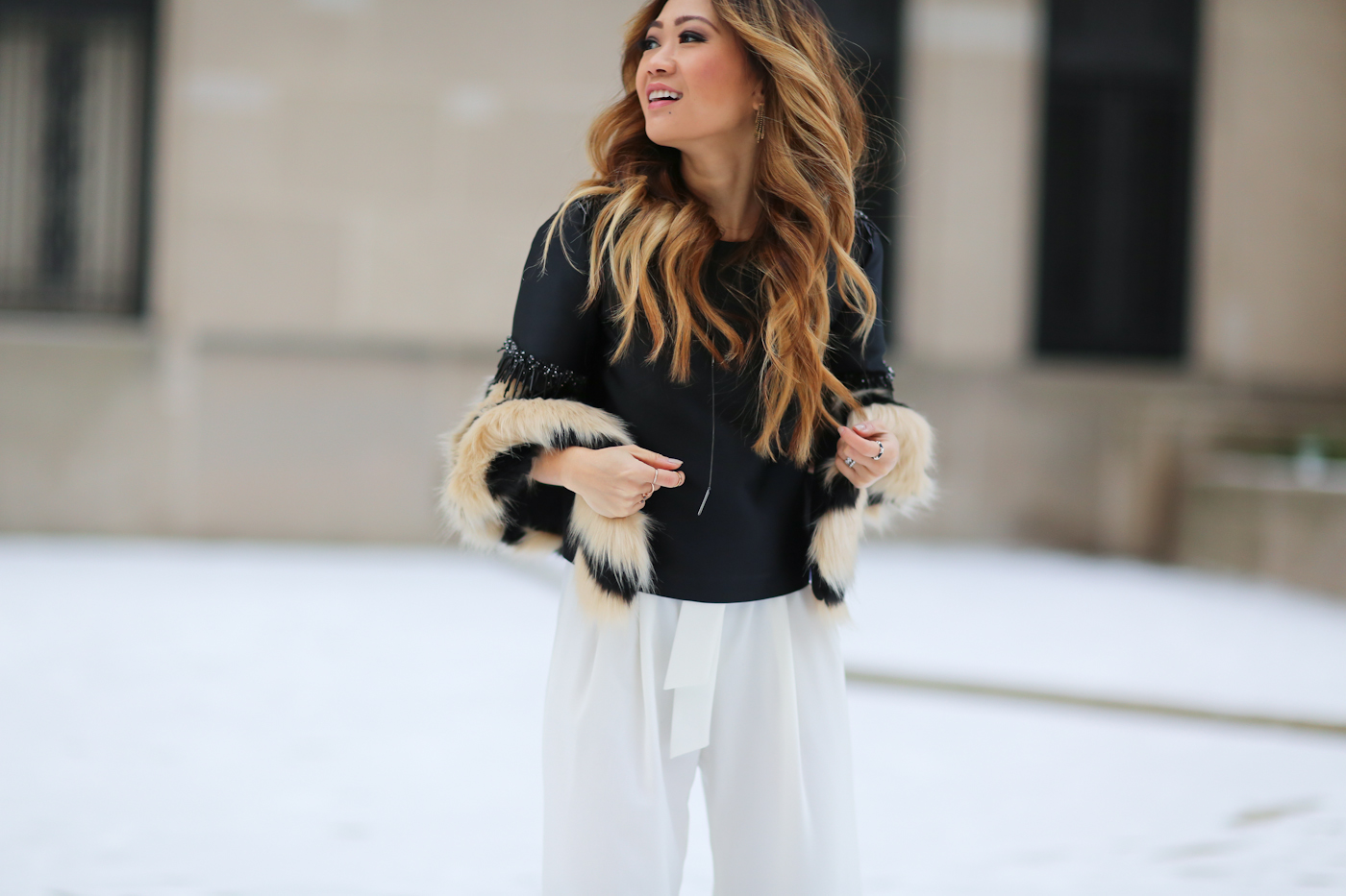 theoutnet beaded top and wide leg pants with faux fur shawl