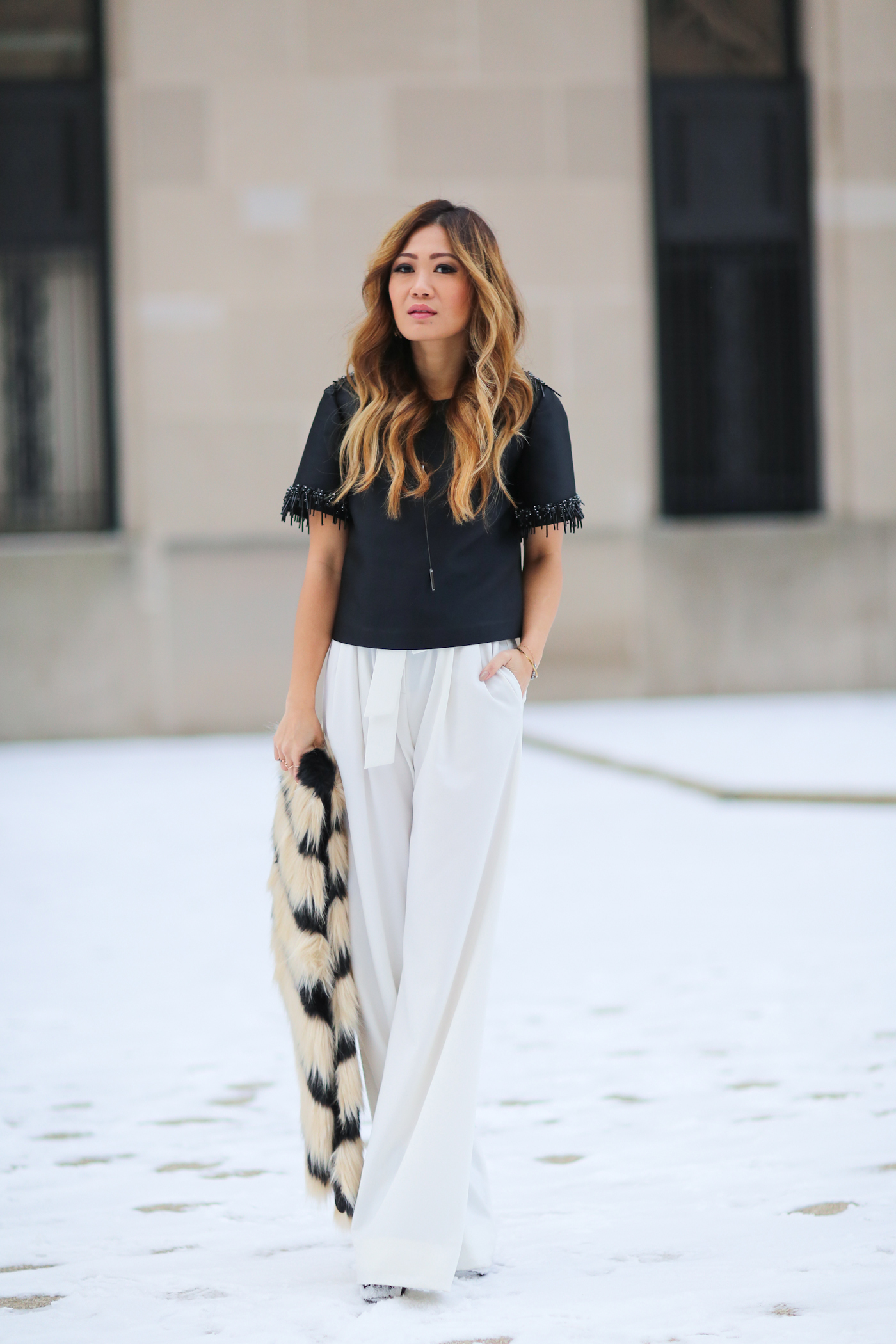 theoutnet beaded top and wide leg pants with faux fur shawl