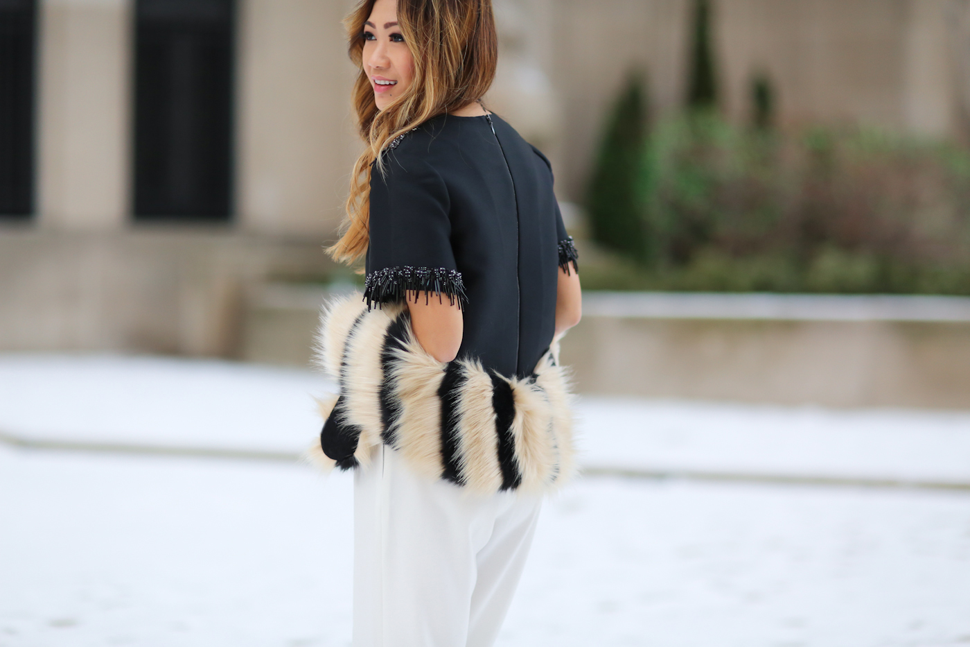 theoutnet beaded top and wide leg pants with faux fur shawl