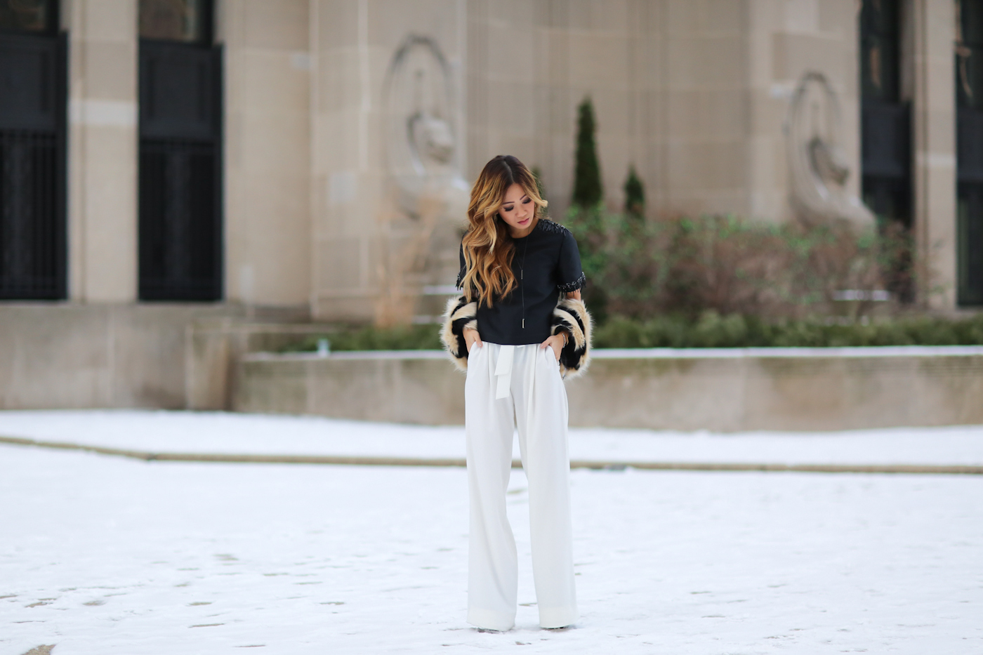 theoutnet beaded top and wide leg pants with faux fur shawl