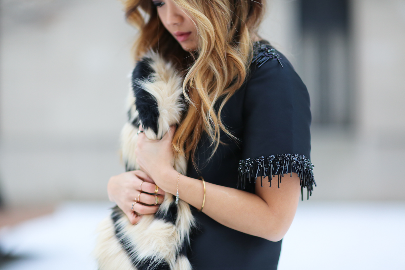 theoutnet beaded top and wide leg pants with faux fur shawl