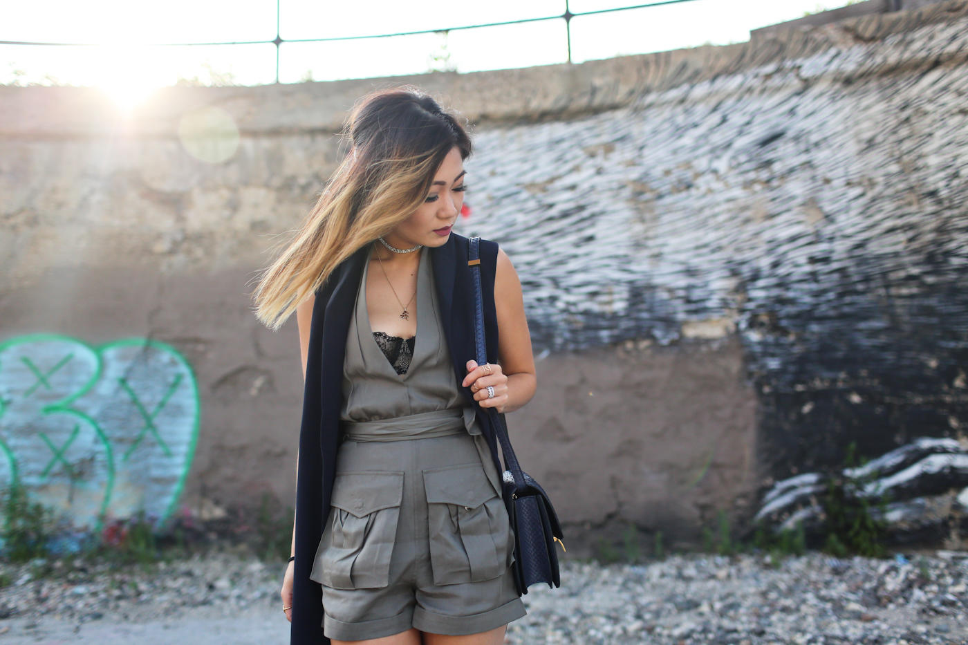 nasty gal cargo romper and iris and ink sleeveless long vest