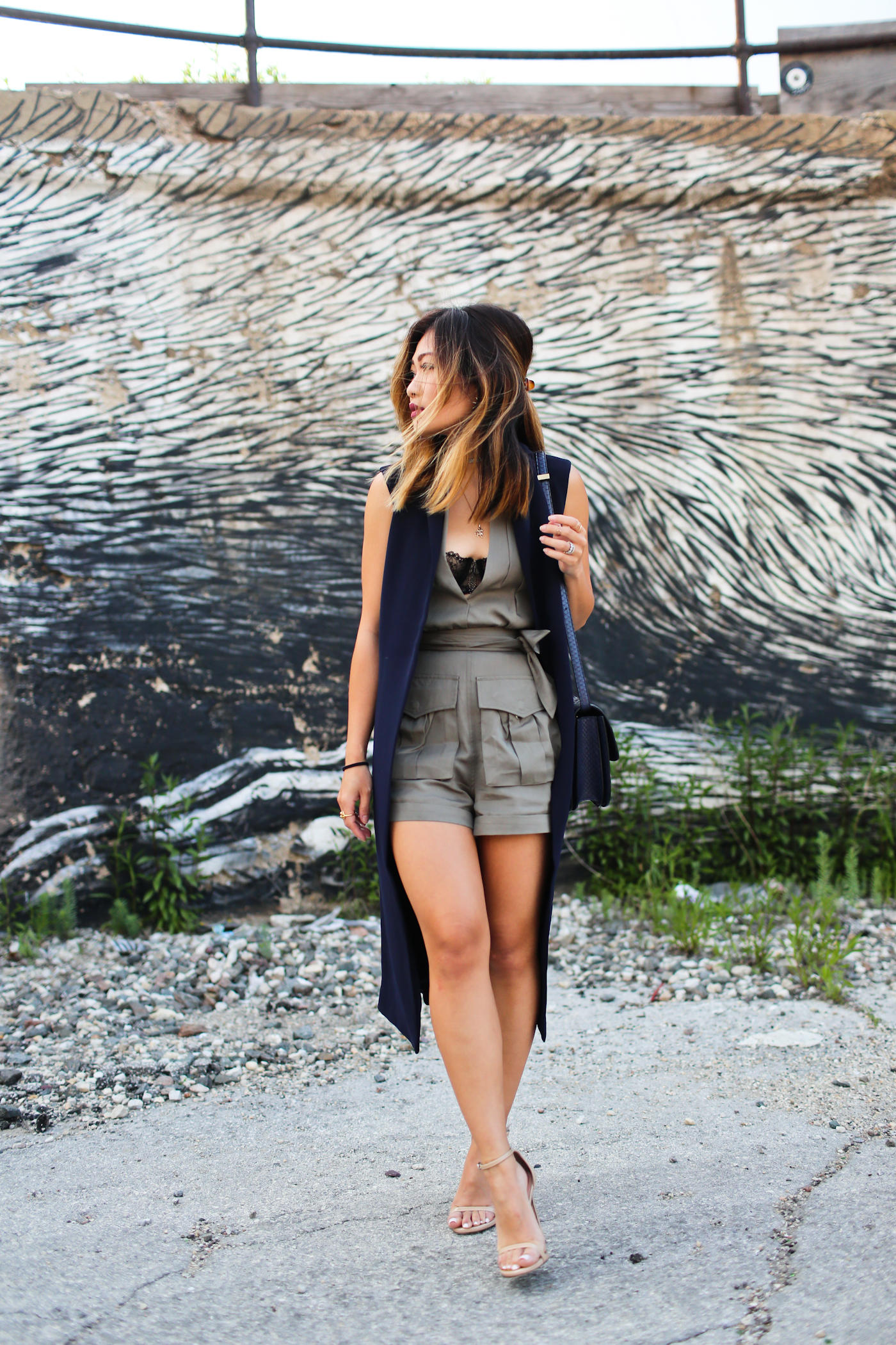 nasty gal cargo romper and iris and ink sleeveless long vest