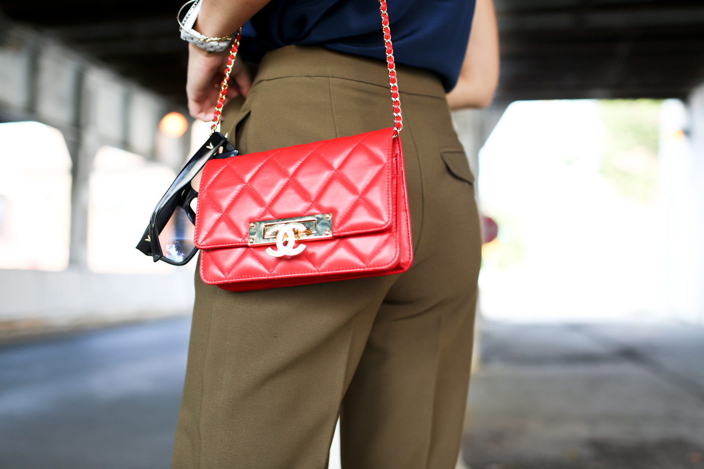 tucked lace cami with tapered trousers