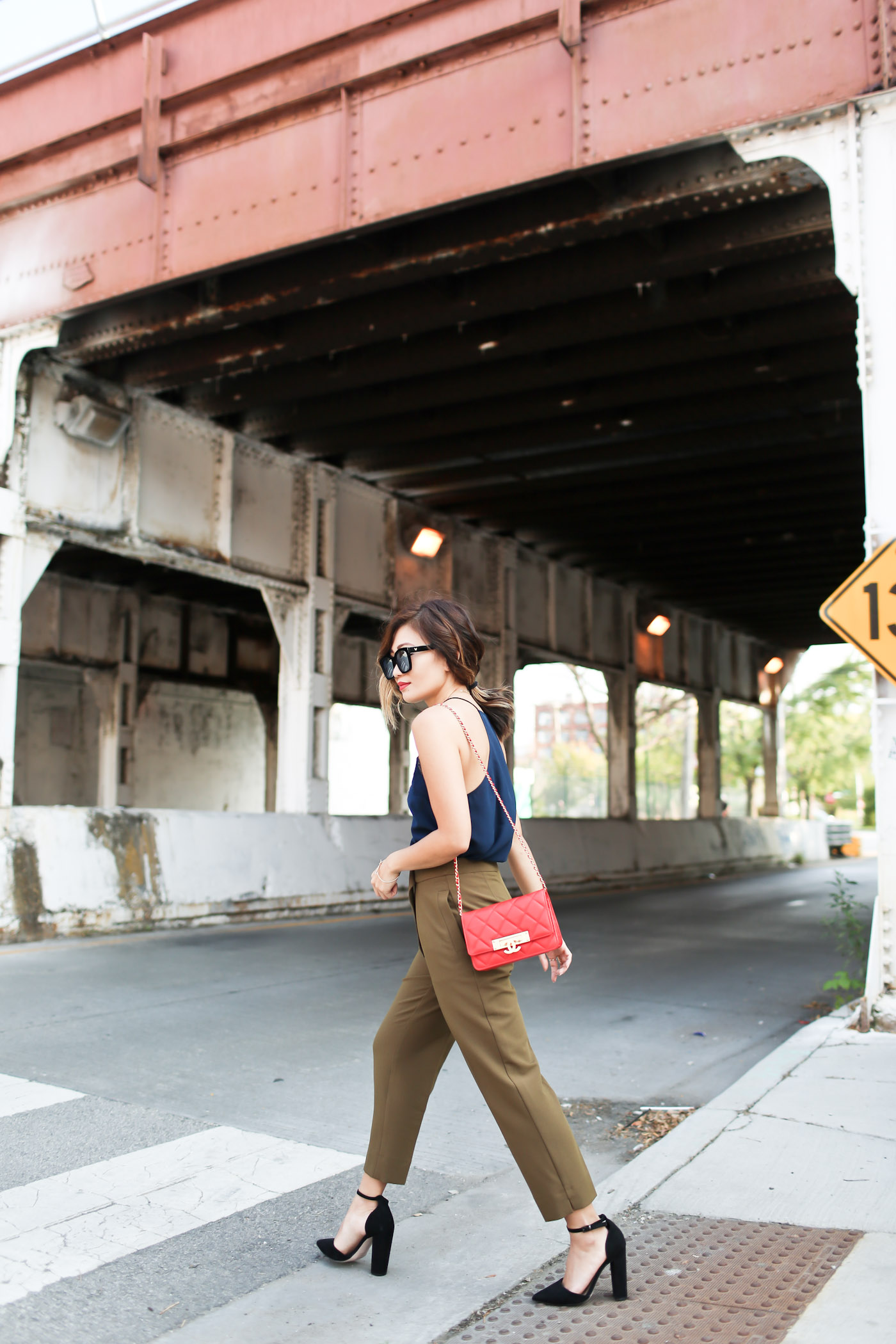 tucked lace cami with tapered trousers