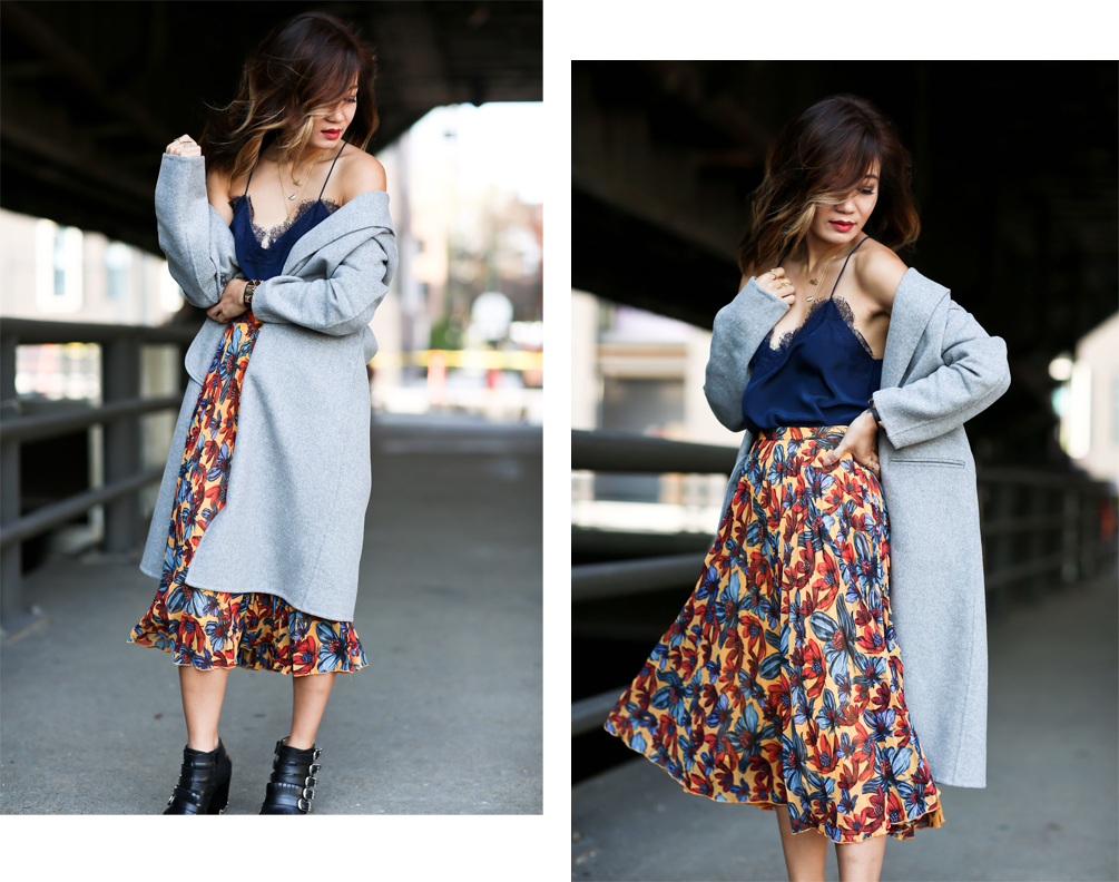 dressy lace cami with pleated skirt and oversized coat