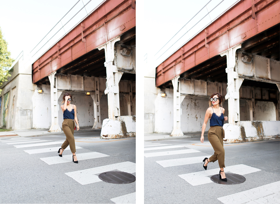 tucked lace cami with tapered trousers