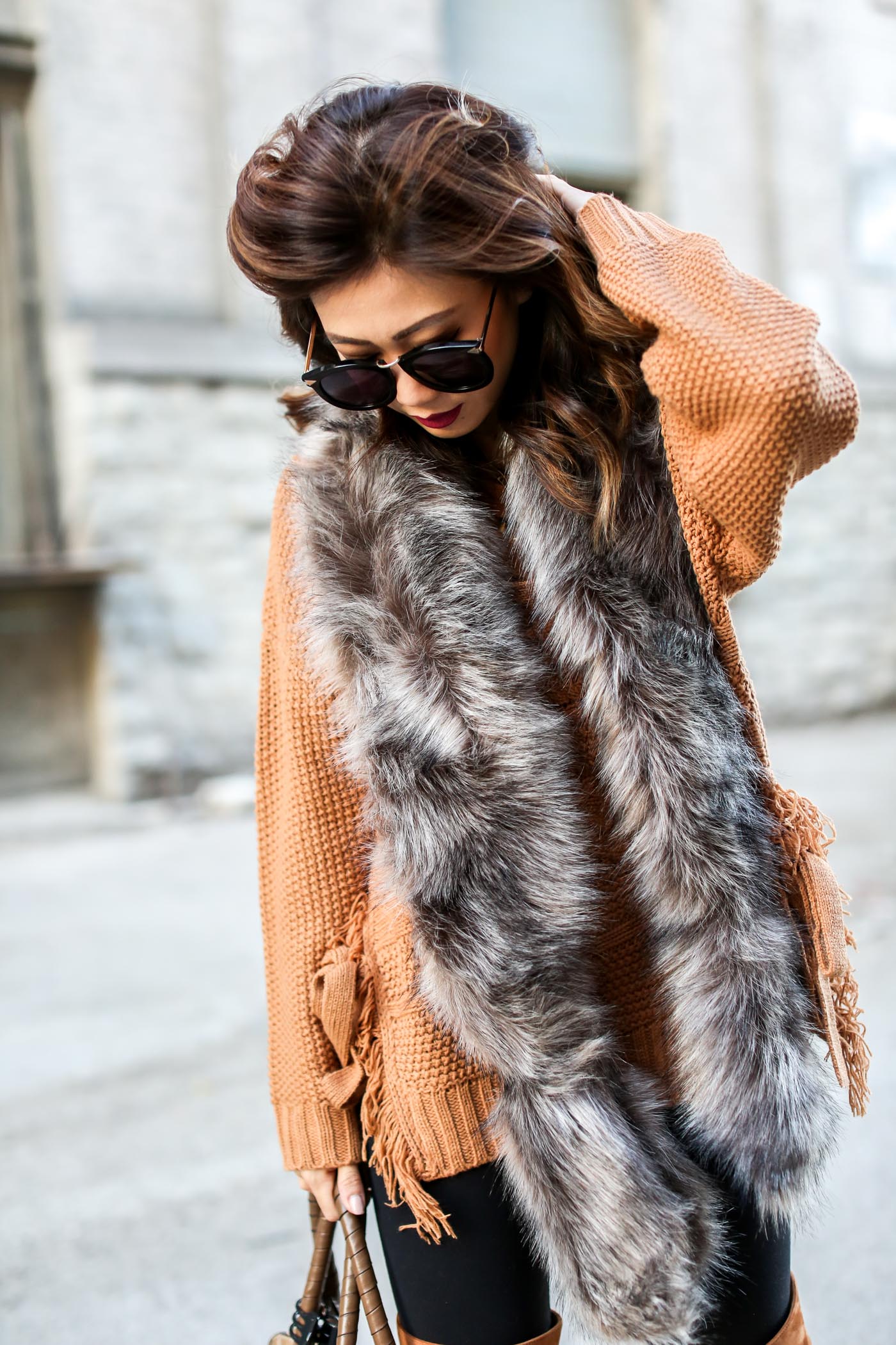 asos camel lace up sweater and faux fur shawl with over the knee marc fisher boots