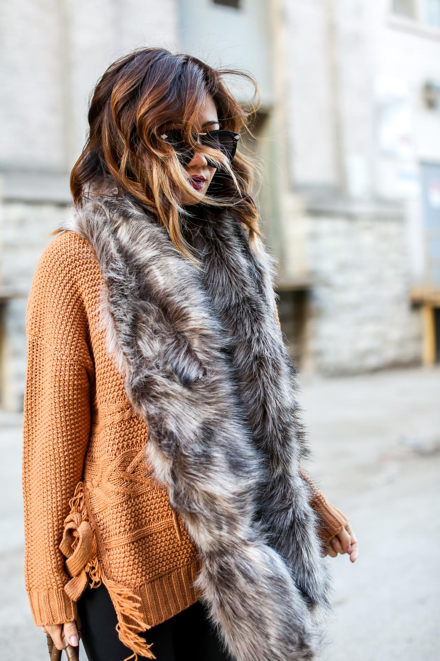 asos camel lace up sweater and faux fur shawl with over the knee marc fisher boots