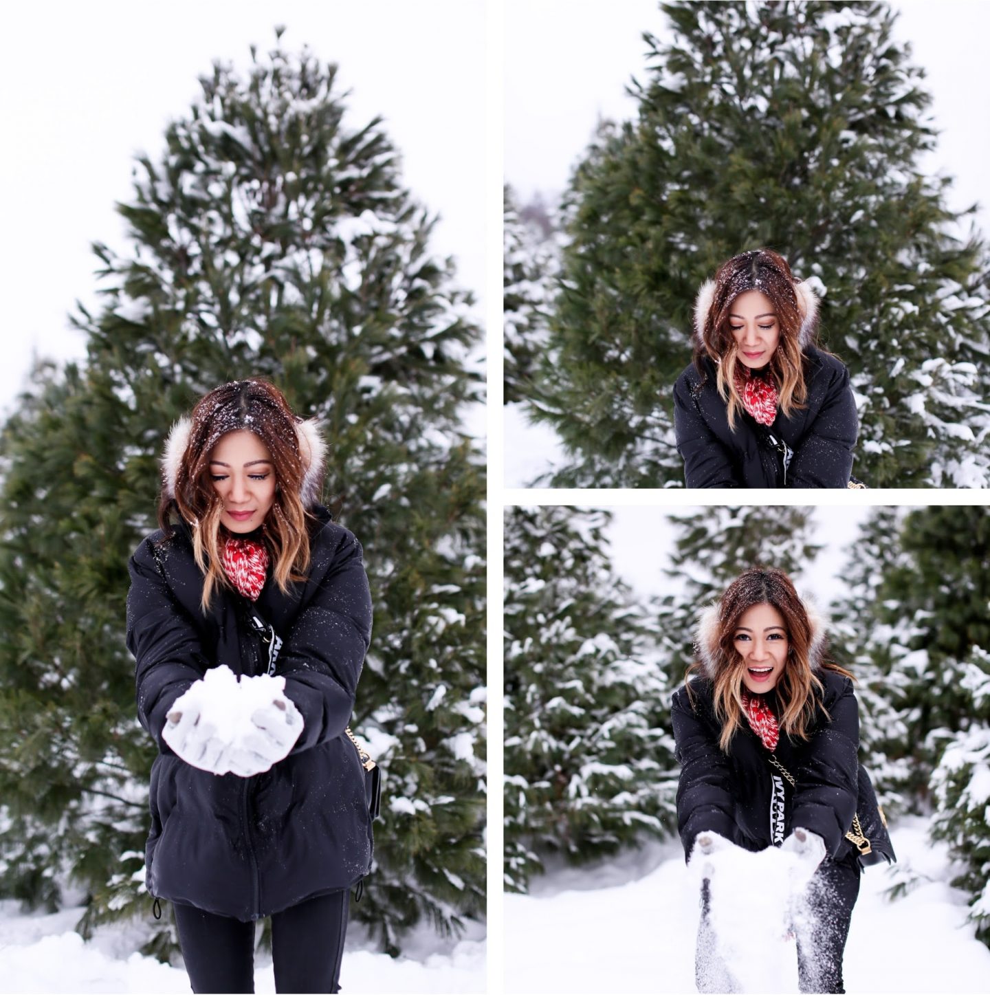 cut your own christmas tree farm ivy park snow day puffer winter look