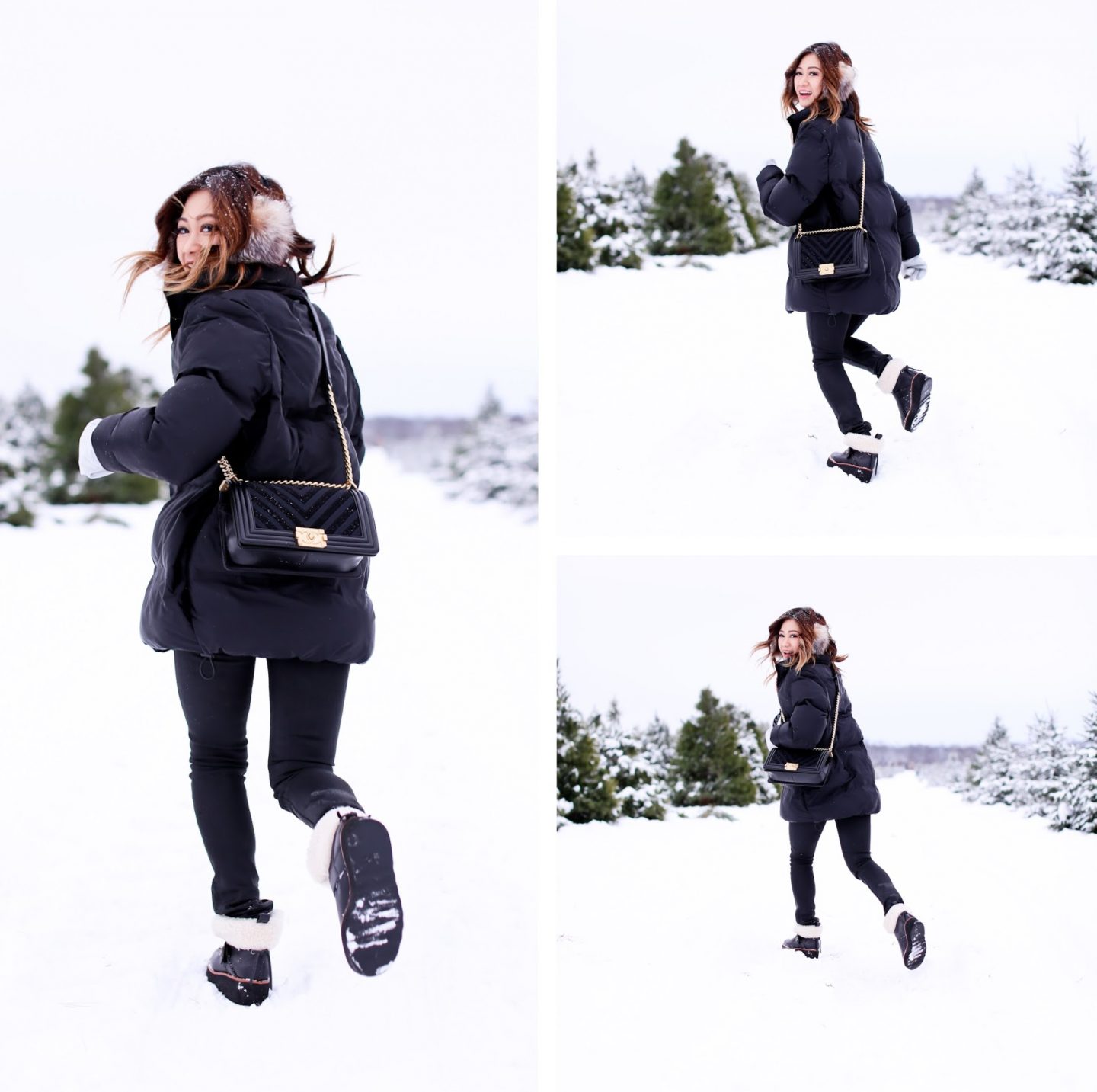cut your own christmas tree farm ivy park snow day puffer winter look