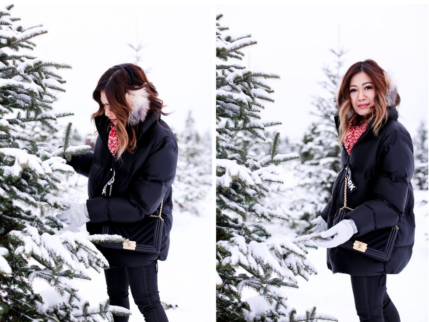 cut your own christmas tree farm ivy park snow day puffer winter look