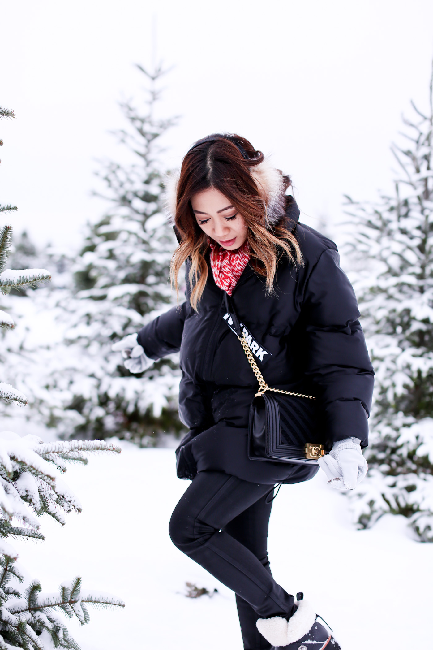 cut your own christmas tree farm ivy park snow day puffer winter look