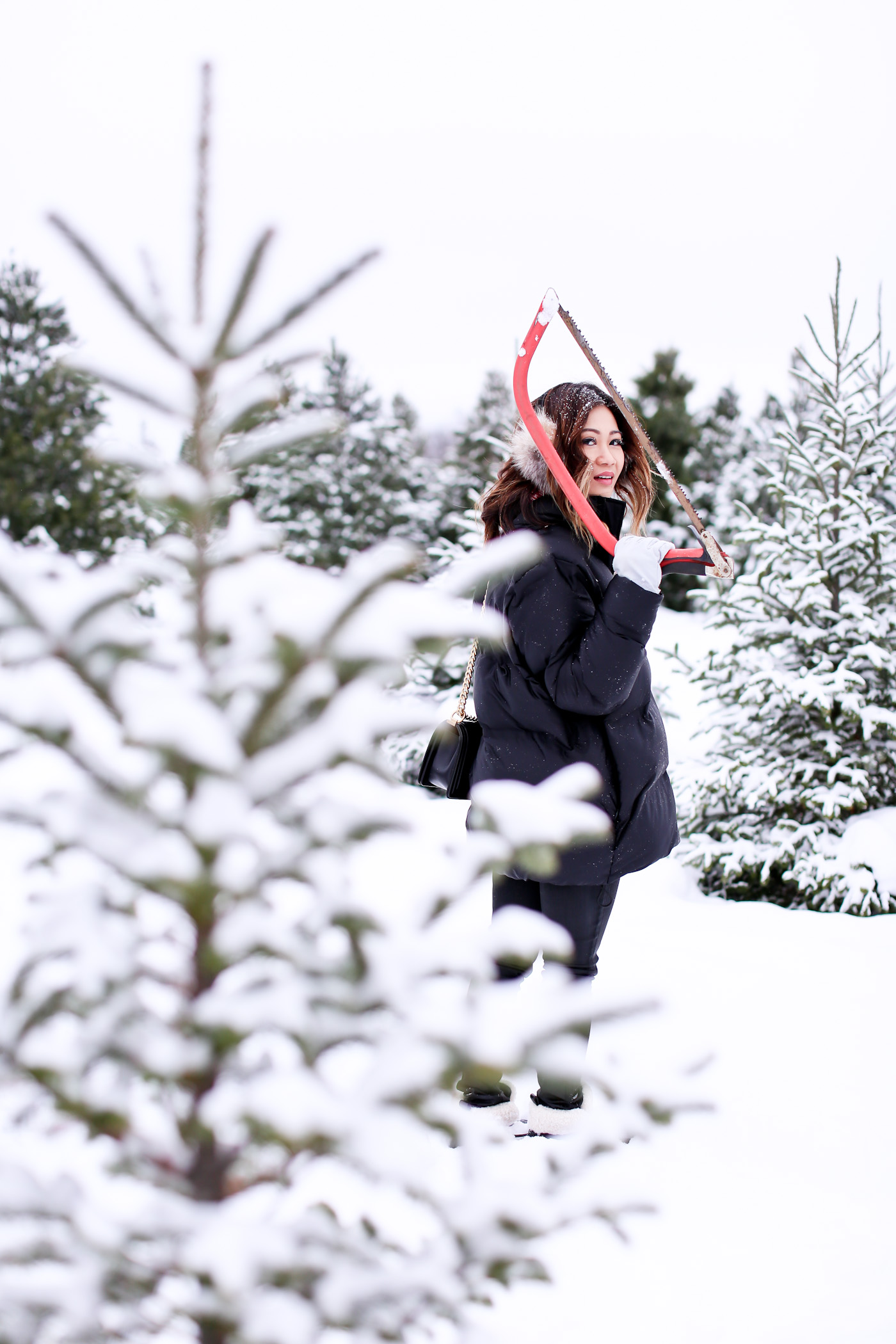 cut your own christmas tree farm ivy park snow day puffer winter look