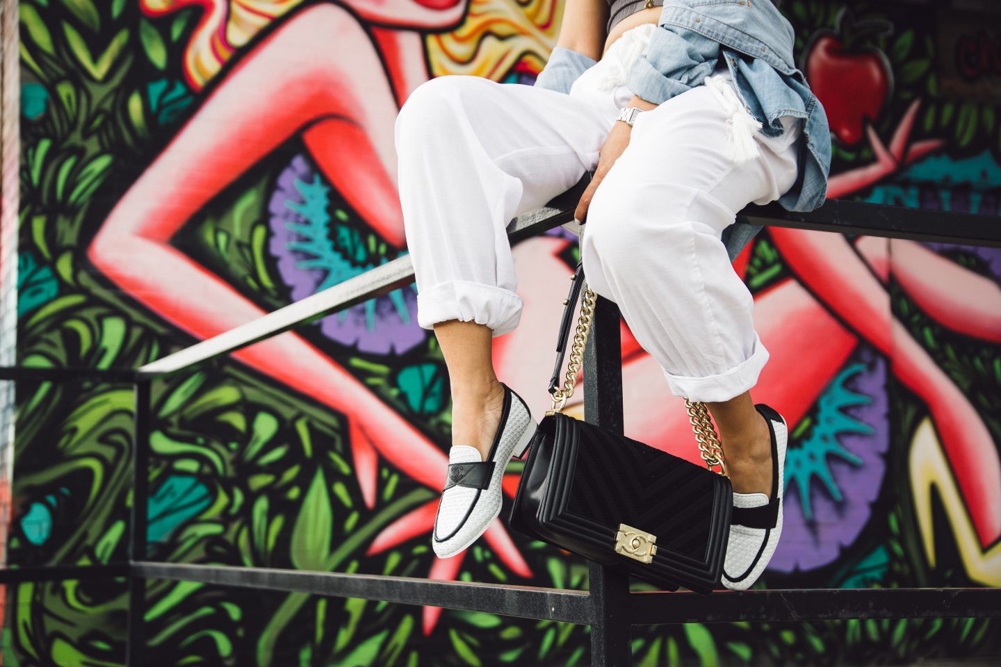 draw string joggers and cropped top with chanel loafers