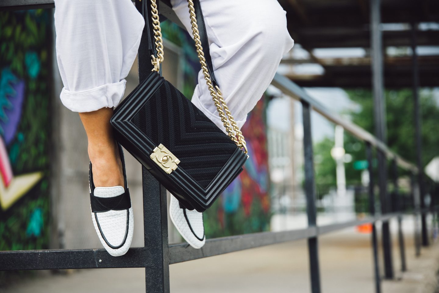 draw string joggers and cropped top with chanel loafers