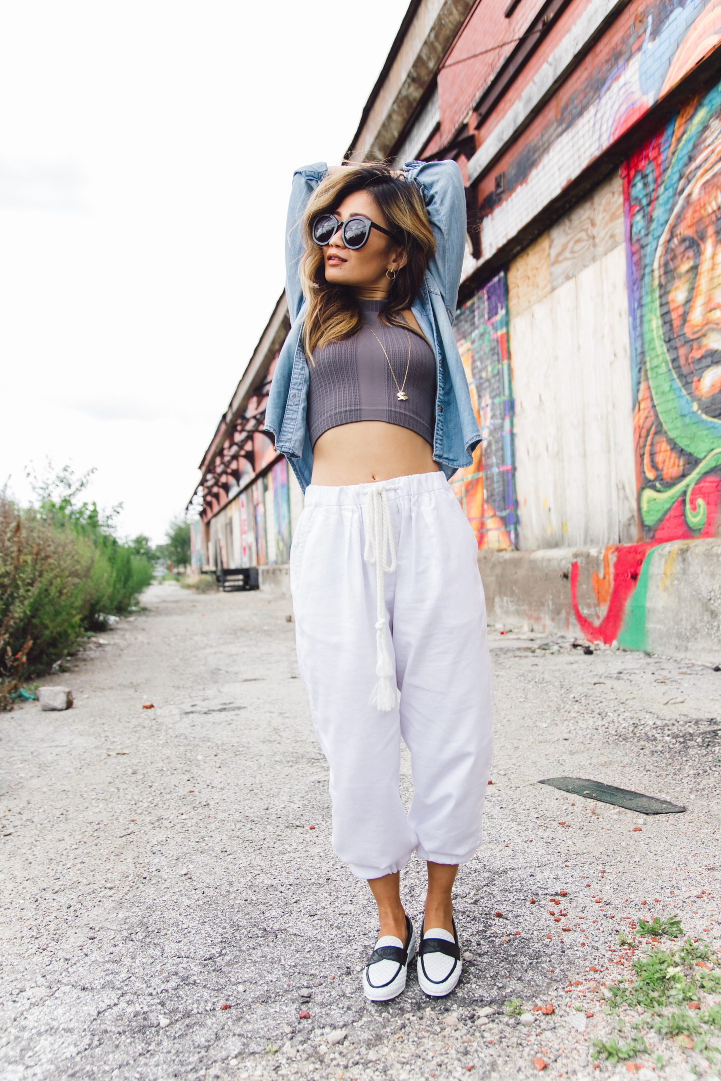 draw string joggers and cropped top with chanel loafers