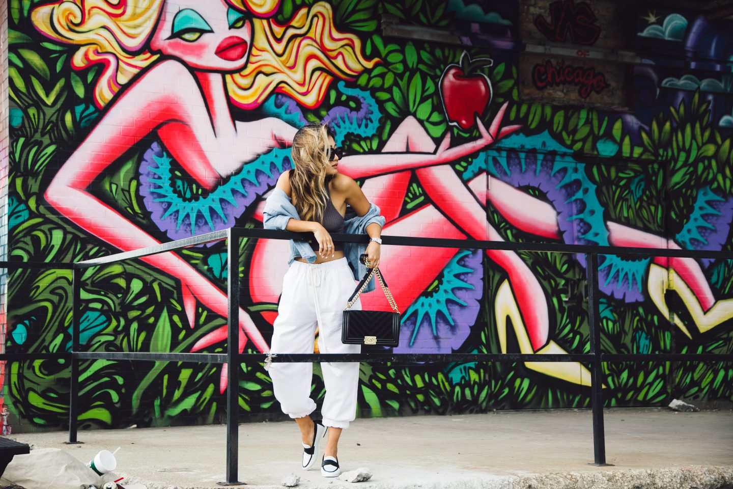 draw string joggers and cropped top with chanel loafers