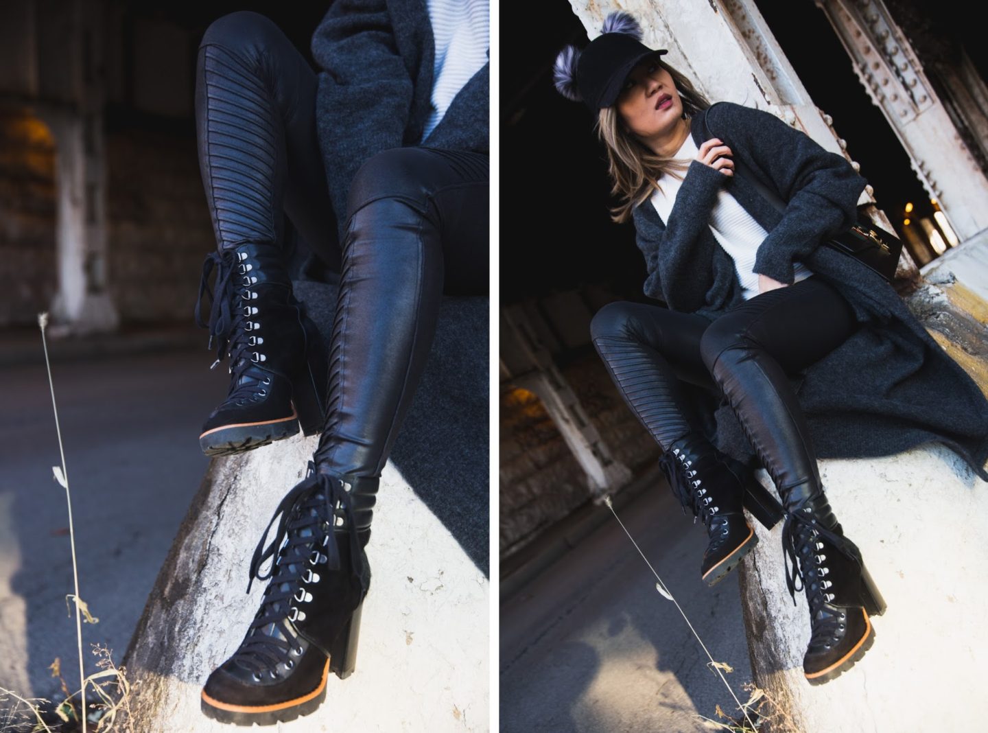 cold weather uniform faux leather moto leggings oversized cardigan combat high heel boots