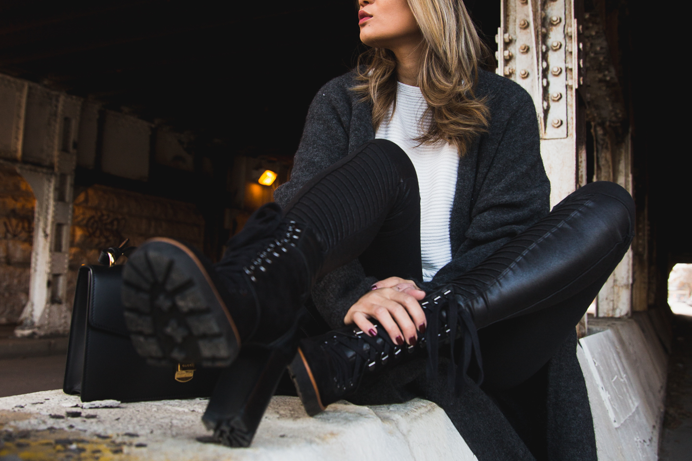 cold weather uniform faux leather moto leggings oversized cardigan combat high heel boots