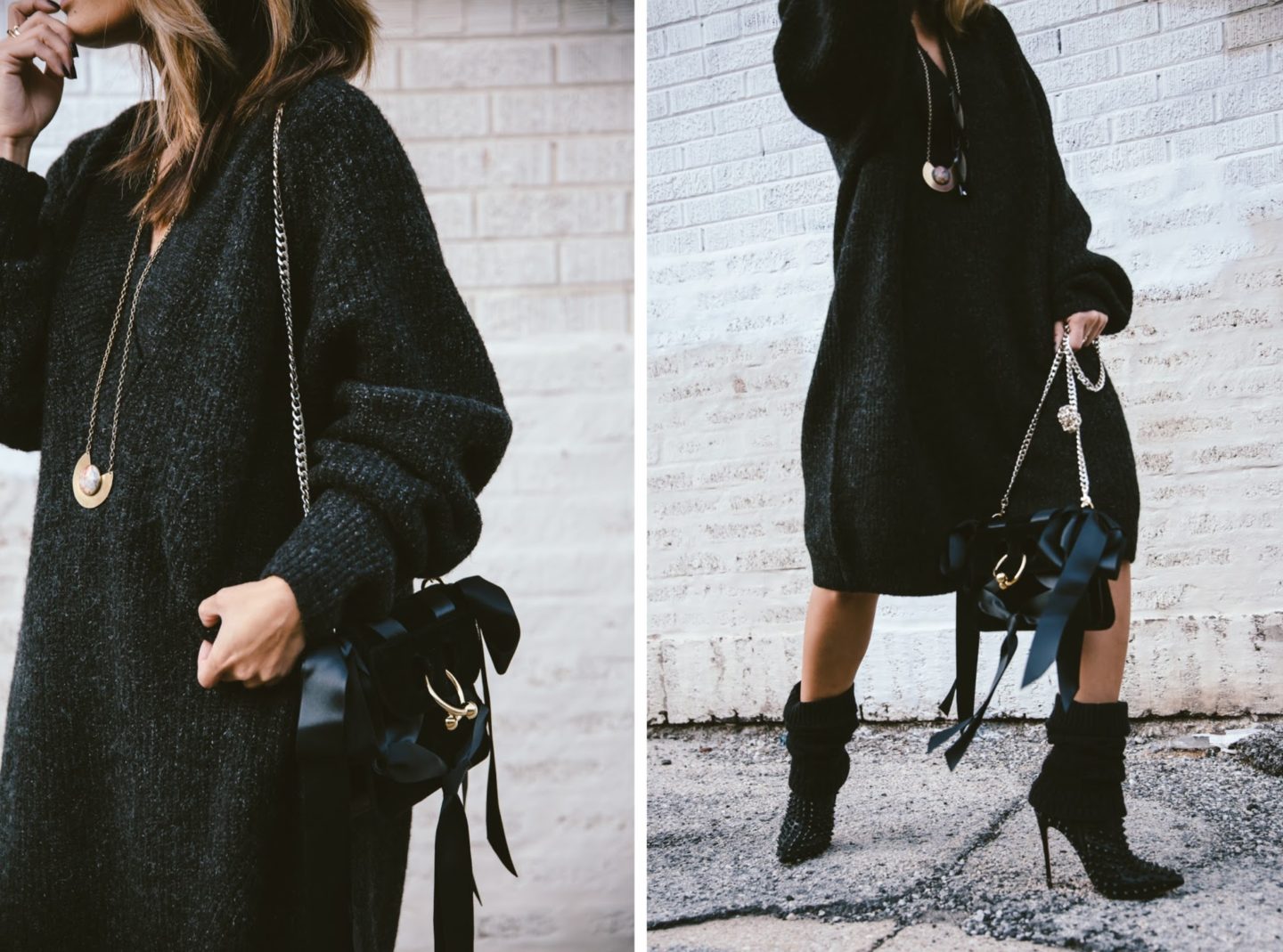 oversized sweater dress with christian louboutin ankle boots and leg warmers newsboy cap and jw anderson bow pierce bag