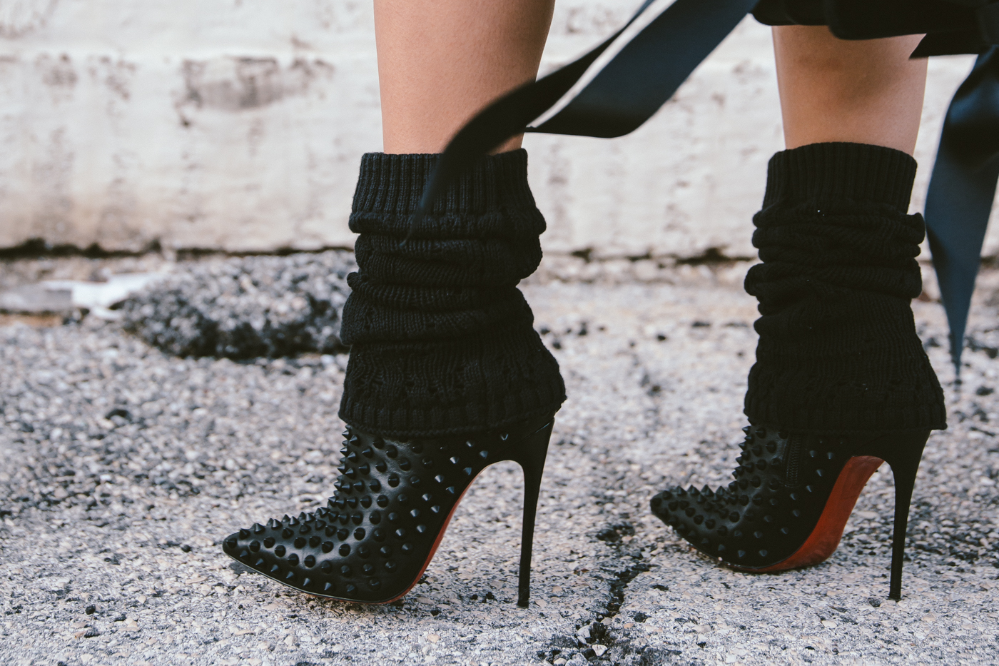 oversized sweater dress with christian louboutin ankle boots and leg warmers newsboy cap and jw anderson bow pierce bag