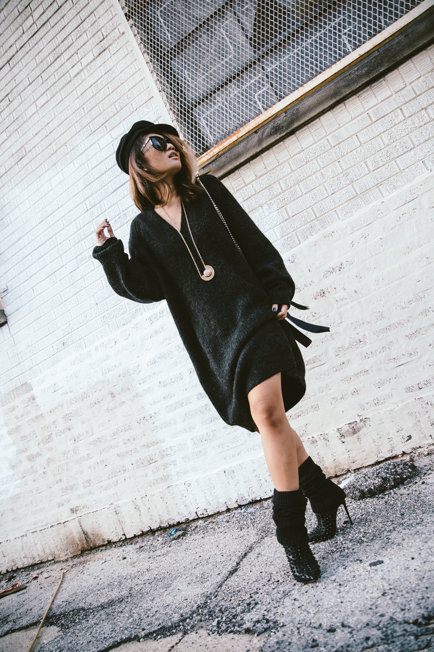 sweater dress and ankle boots