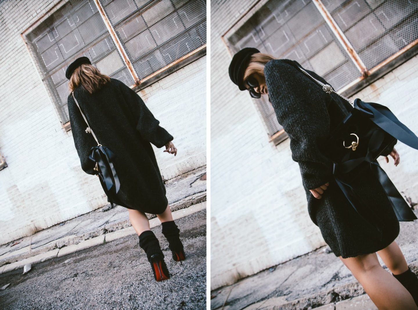 oversized sweater dress with christian louboutin ankle boots and leg warmers newsboy cap and jw anderson bow pierce bag