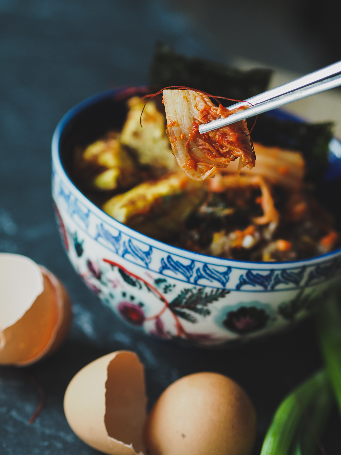 day old rice bowl with rolled egg and kimchi